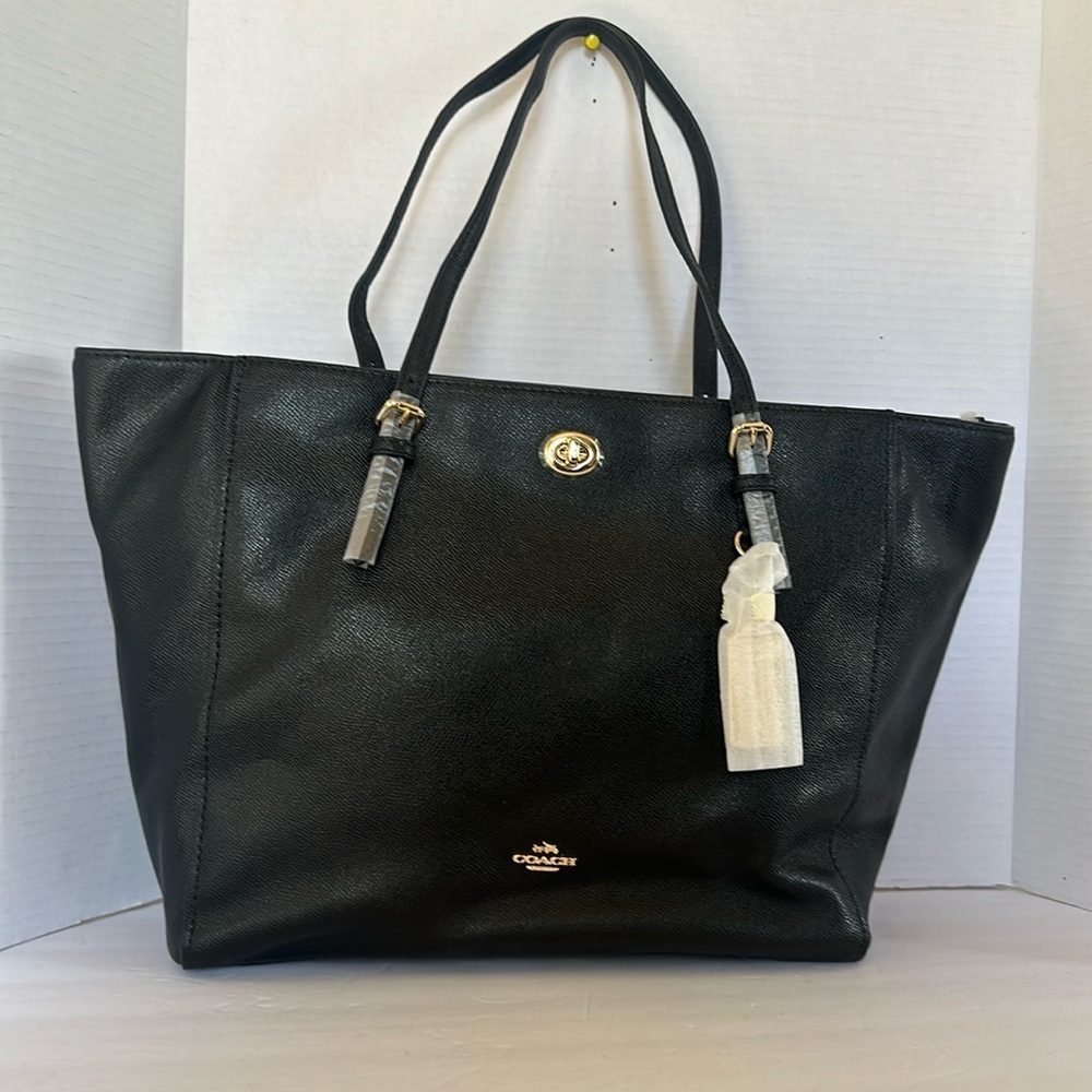 NWT Coach Turnlock Tote Black Crossgrain Leather Large Shoulder Bag Purse - Picture 4 of 12
